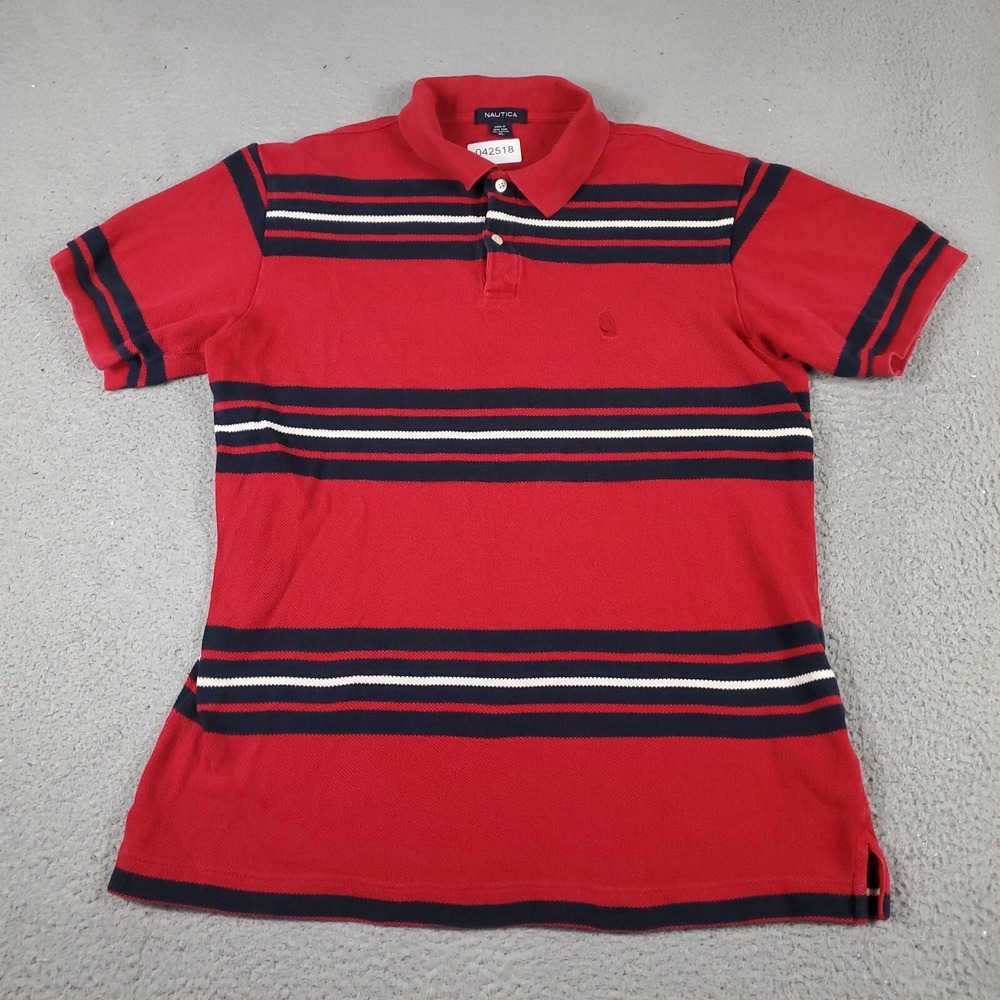 Nautica Mens XL Red Striped Short Sleeve Polo Shirt Cotton Pique Casual Classic